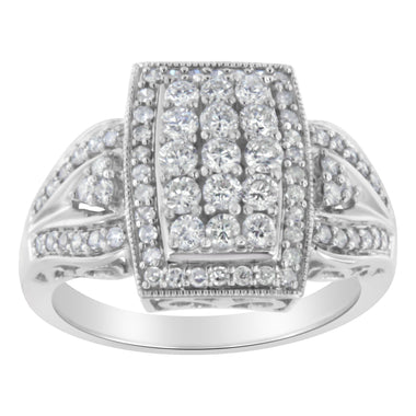 10K White Gold 1.0 Cttw Diamond Rectangular Cushion Shaped Cluster Halo Flared Band Cocktail Fashion Ring (H-I Color, SI2-I1 Clarity) - Size 7 - 0