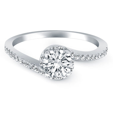 14k White Gold Bypass Swirl Diamond Halo Engagement Ring - 0
