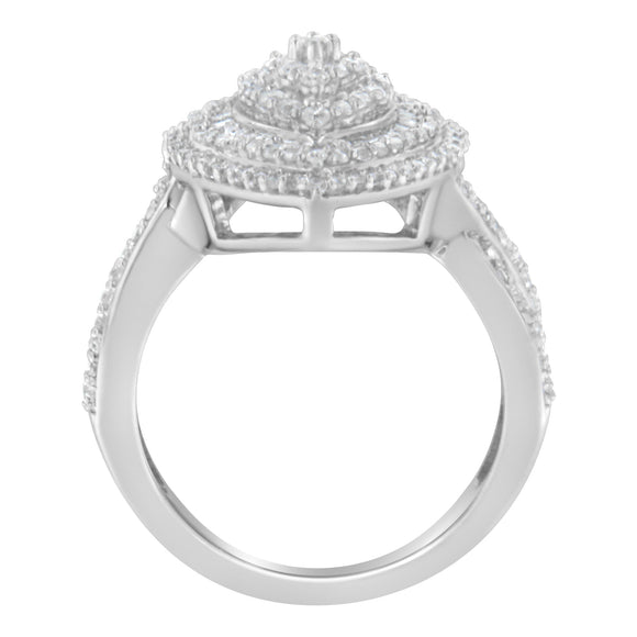 .925 Sterling Silver 1.0 Cttw Round & Baguette-Cut Diamond Marquise-Shaped Cluster Triple Stepped Halo Cocktail Fashion Ring (I-J Color, I2-I3 Clarity) - Size 7