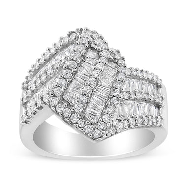 14K White Gold 1-1/2 Cttw Round and Baguette Diamond Bypass Cocktail Ring Band (H-I Color, SI1-SI2 Clarity) - Size 7 - 0