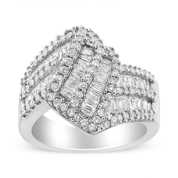 14K White Gold 1-1/2 Cttw Round and Baguette Diamond Bypass Cocktail Ring Band (H-I Color, SI1-SI2 Clarity) - Size 7