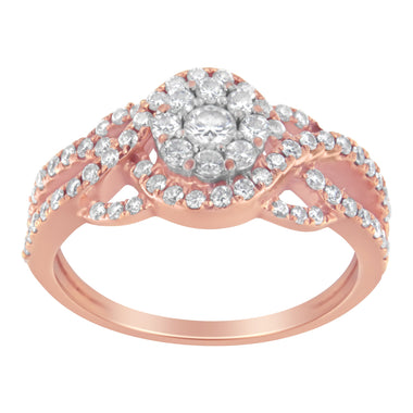 10K Rose Gold 3/4 Cttw Diamond Floral Cluster Head and Twisted Shank Cocktail  Ring (H-I Color, SI1-SI2 Clarity)- Size 7 - 0
