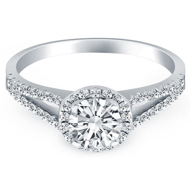 14k White Gold Diamond Halo Split Shank Engagement Ring - 0