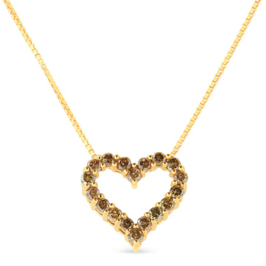 14K Yellow Gold Plated .925 Sterling Silver 1.0 Cttw Champagne Diamond Heart Pendant Necklace (K-L Color, I1-I2 Clarity) - 18" - 0