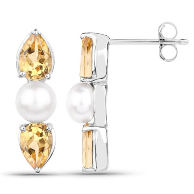 2.78 Carat Genuine Citrine and Pearl .925 Sterling Silver Earrings - 0