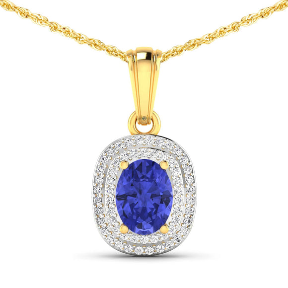 1.45 Carat Genuine Tanzanite and White Diamond 14K Yellow Gold Pendant