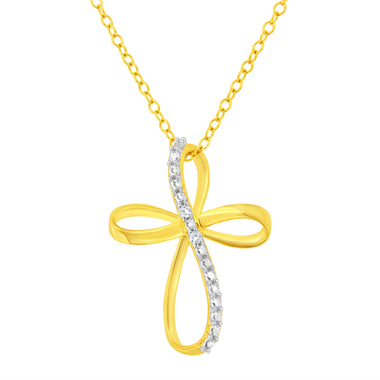 10K Yellow Gold Plated .925 Sterling Silver Diamond Accent Cross Ribbon 18" Pendant Necklace (I-J Color, I2-I3 Clarity) - 0