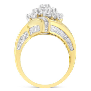 10K Yellow Gold Round and Baguette Diamond Crossover Cluster Ring (3 Cttw, I-J Color, I1-I2 Clarity) - Size 7-1/2 - 0