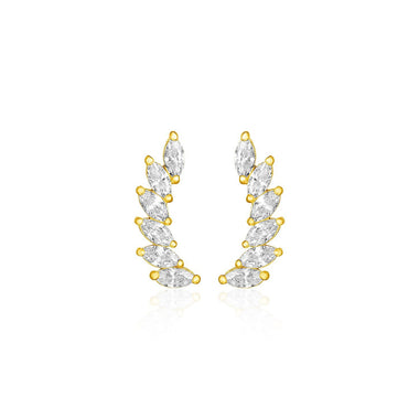 14k Yellow Gold Leaf Motif Climber Post Earrings with Marquise Cubic Zirconias - 0