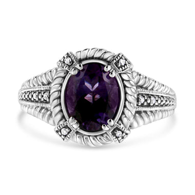 .925 Sterling Silver Prong Set Natural Oval Shape 9X7 MM Purple Amethyst Solitaire and Diamond Accent Ring (I-J Color, I1-I2 Clarity) - Ring Size 7 - 0