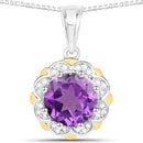 1.87 Carat Genuine Amethyst and White Diamond 14K Yellow Gold with .925 Sterling Silver Pendant-1