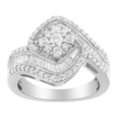 14K White Gold 1 Cttw Baguette and Round Diamond Floral Swirl Cluster Cocktail Ring-2