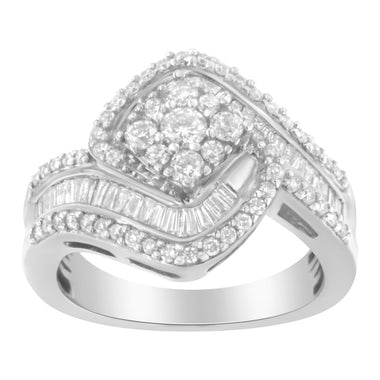 14K White Gold 1 Cttw Baguette and Round Diamond Floral Swirl Cluster Cocktail Ring - 0