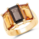14K Yellow Gold Plated 8.14 Carat Genuine Smoky Quartz, Citrine and Champagne Quartz .925 Sterling Silver Ring-1