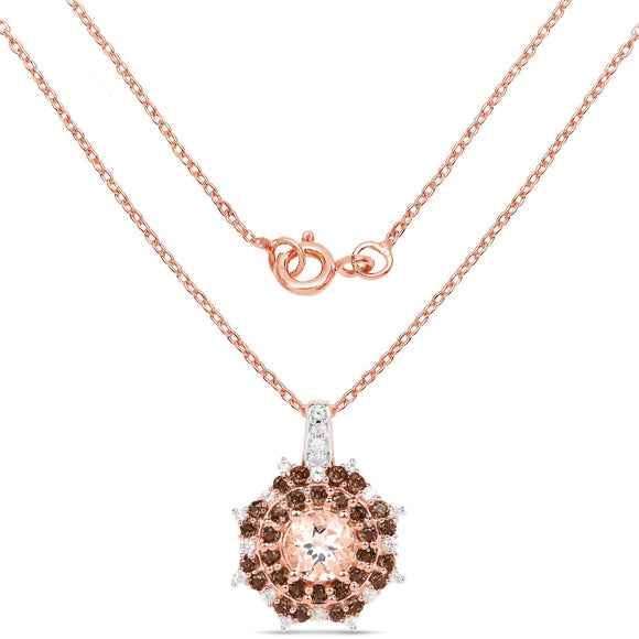 18K Rose Gold Plated 1.61 Carat Genuine Morganite, Smoky Quartz and White Zircon .925 Sterling Silver Pendant