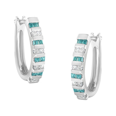 10k White Gold Round and Blue Baguette 1/2 cttw Diamond Hoop Earrings (I-J Color, I2-I3 Clarity)