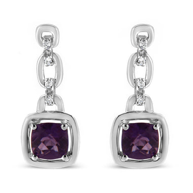.925 Sterling Silver 6x6MM Cushion Shaped Natural Purple Amethyst and Diamond Accent Drop and Dangle Earrings (I-J Color, I1-I2 Clarity) - 0