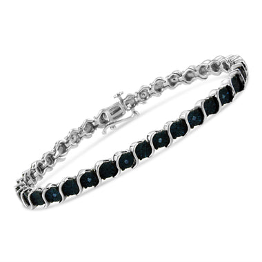 .925 Sterling Silver 1/10 Cttw Miracle-Set Treated Blue Color Diamond Miracle Plate "S" Link Tennis Bracelet (Blue Color, I2- I3 Clarity) - 7.25" - 0