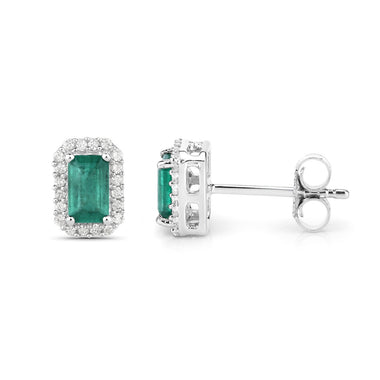 0.91 Carat Genuine Zambian Emerald and White Diamond 14K White Gold Earrings - 0