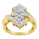 10K Yellow Gold Round And Baguette Cut Diamond Cluster Ring (1 1/10 Cttw, H-I Color, SI2-I1 Clarity) - Size 7-3