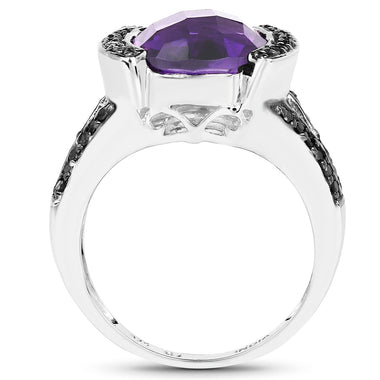 3.24 Carat Genuine Amethyst & Black Diamond .925 Sterling Silver Ring - 0