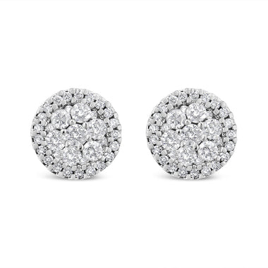 14K White Gold 1.0 Cttw Brilliant-Cut Diamond Halo-Style Cluster Round Button Stud Earrings (H-I Color, I1-I2 Clarity)