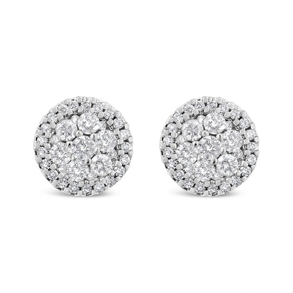 14K White Gold 1.0 Cttw Brilliant-Cut Diamond Halo-Style Cluster Round Button Stud Earrings (H-I Color, I1-I2 Clarity)