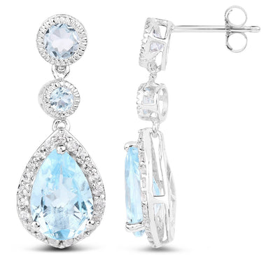 9.46 Carat Genuine Blue Topaz and White Topaz .925 Sterling Silver Earrings - 0