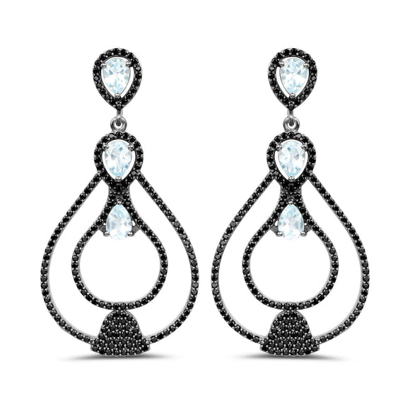 8.81 Carat Genuine Blue Topaz and Black Spinel .925 Sterling Silver Earrings