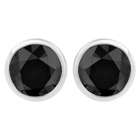 .925 Sterling Silver 4.00 Cttw Round Brilliant-Cut Black Diamond Bezel-Set Stud Earrings with Screw Backs (Fancy Color-Enhanced, I2-I3 Clarity)