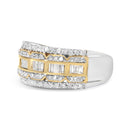 10K White and Yellow Gold 1.00 Cttw Baguette and Round cut Diamond Art Deco Multi-Row Ring Band (I-J Color, I1-I2 Clarity) - Ring Size 7-4