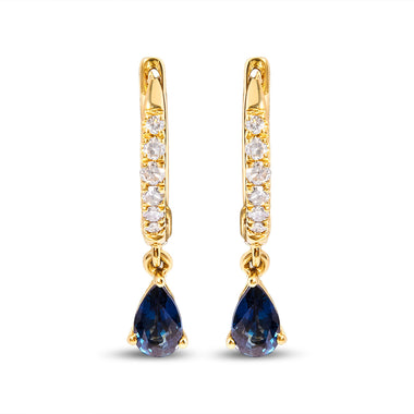 10K Yellow Gold Pear Blue Sapphire and 1/10 Cttw Diamond Drop and Dangle Huggy Hoop Earrings (H-I Color, I1-I2 Clarity) - 0