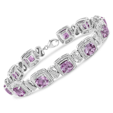.925 Sterling Silver 7x7 mm Cushion Cut Purple Amethyst and 1/10 cttw Round Cut Diamond Square Shape Tennis Bracelet (I-J Color, I1-I2 Clarity) - 7" - 0