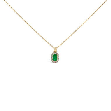 10K Yellow Gold 5x3mm Green Emerald and Diamond Accent Halo Octagonal Shape 18" Pendant Necklace (I-J Color, I1-I2 Clarity)