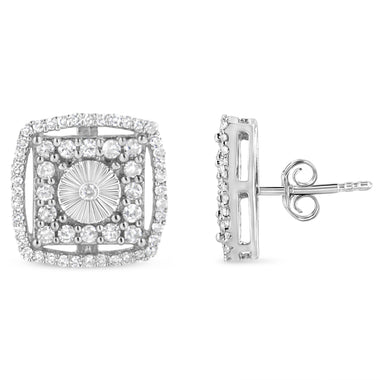 .925 Sterling Silver 1.0 Cttw Round Diamond Double Halo and Disc Stud Earring (I-J Color, I2-I3 Clarity) - 0