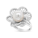 14K White Gold 11mm Round Pearl and 1/3 Cttw Round Diamond Openwork Flower Blossom Ring (H-I Color, VS1-VS2 Clarity) - Size 6.50-3