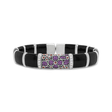 .925 Sterling Silver Black and Brown Enamel 1/3 Cttw Round Diamonds and Pink and Orange Sapphire Gemstones Floral Statement Bangle Bracelet (F-G Color, VS1-VS2 Clarity) - Size 7.75"