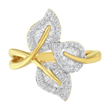 10k Yellow and White Gold 1/2 Cttw Baguette and Round Diamond Bypass Triple Leaf Ring (I-J Color, I1-I2 Clarity) - Size 7 - 0