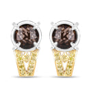 3.75 Carat Genuine Smoky Quartz, Yellow Diamond and White Diamond .925 Sterling Silver Earrings-1