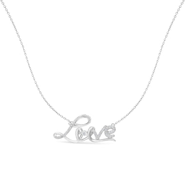 .925 Sterling Silver 1/4 Cttw Diamond Cursive "Love" 18" Pendant Necklace (H-I Color, I1-I2 Clarity) - 0