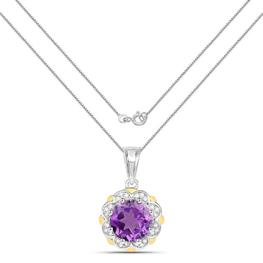 1.87 Carat Genuine Amethyst and White Diamond 14K Yellow Gold with .925 Sterling Silver Pendant - 0