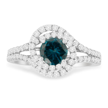 14K White Gold 1-1/3 Cttw White & Blue Diamond Interweaving Double Halo Cocktail Statement Ring (G-H and Fancy Blue Color, SI2-I1 Clarity) - Size 6 - 0