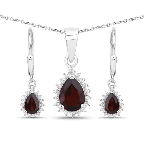 1.88 Carat Genuine Garnet and White Topaz .925 Sterling Silver Jewelry Set