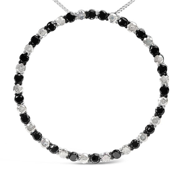 .925 Sterling Silver 3.0 Cttw Alternating Black and White Diamond Open Hoop Circle Pendant Necklace (H-I Color, I3 Clarity) - 18" Inches