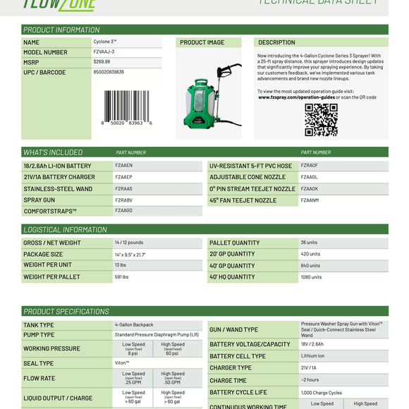 FlowZone Backpack Sprayer - Cyclone 3 Battery Operated