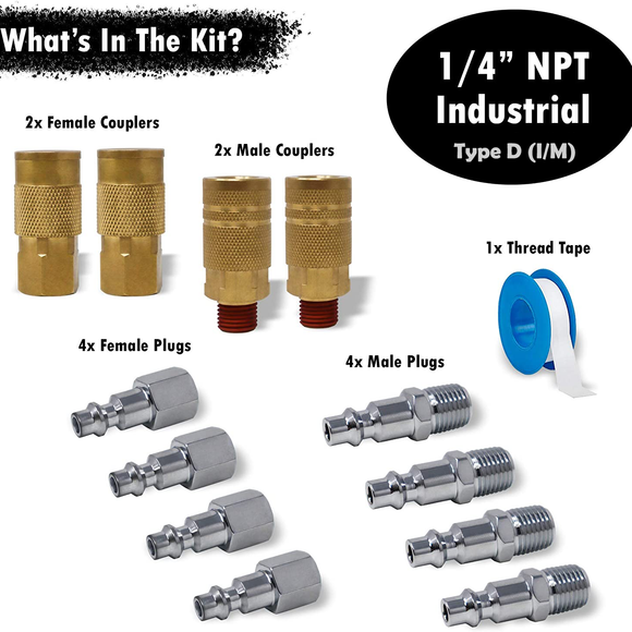 Industrial Quick Connect Air Fittings | Plug & Coupler Kit - 1/4" NPT (Set of 12)