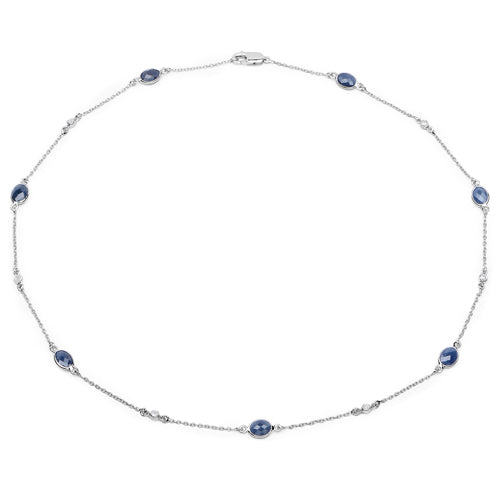 6.43 Carat Genuine Blue Sapphire and White Diamond .925 Sterling Silver Necklace