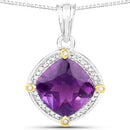 3.20 Carat Genuine Amethyst and White Diamond 18K Yellow Gold with .925 Sterling Silver Pendant-4