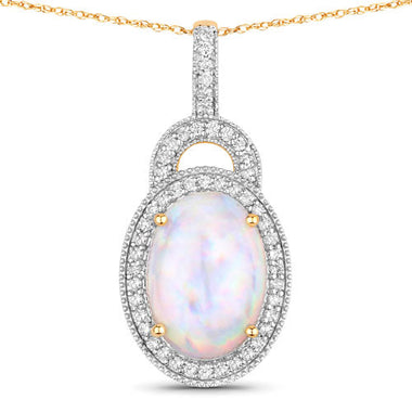 3.30 Carat Genuine Ethiopian Opal and White Diamond 14K Yellow Gold Pendant - 0