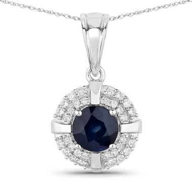 1.71 Carat Genuine Blue Sapphire and White Diamond 10K White Gold Pendant